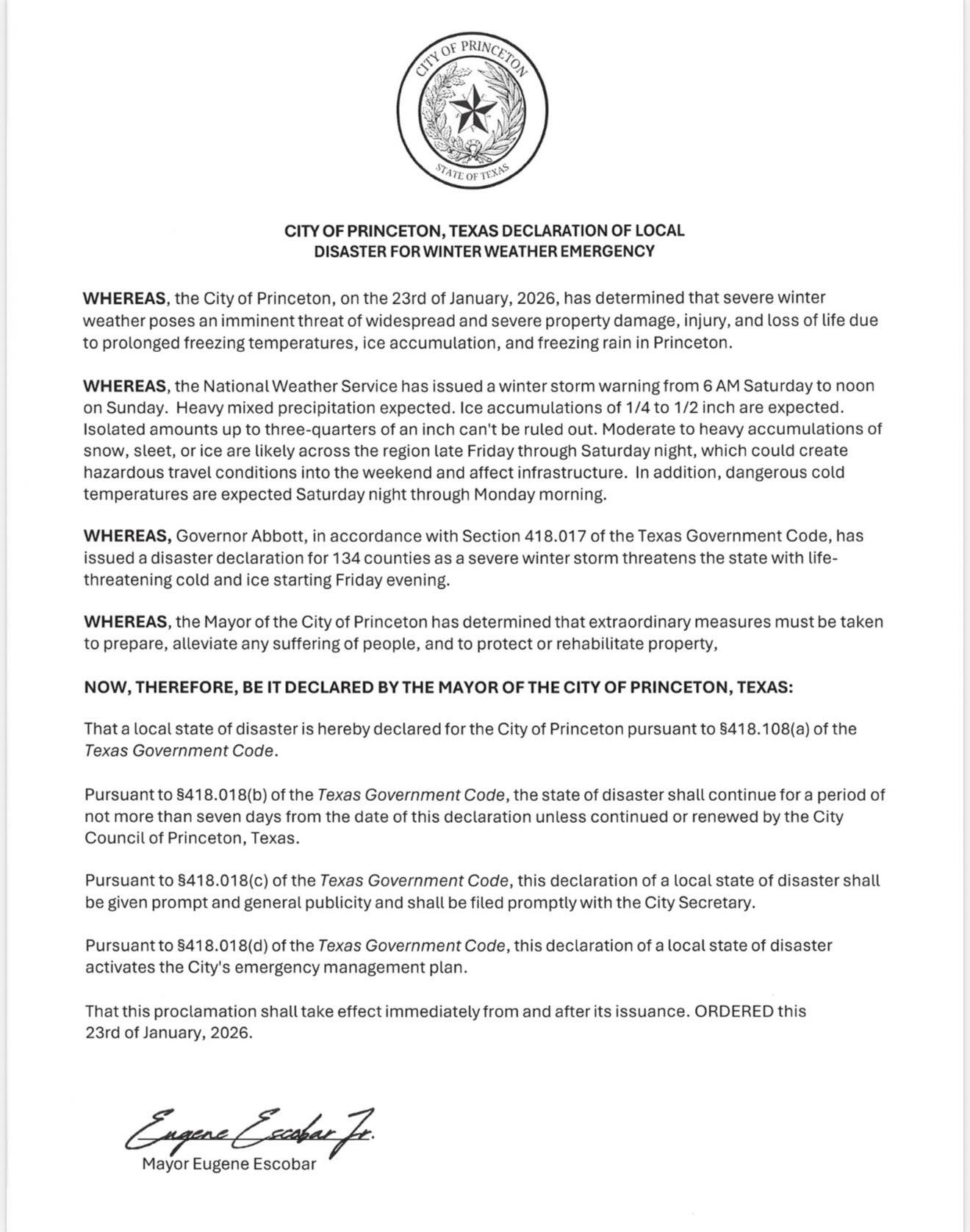 Mayor issues local disaster declaration